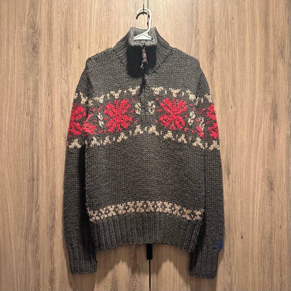 Vintage American Eagle Gray/Red Wool Fair Isle Quarter Zip Sweater Size M